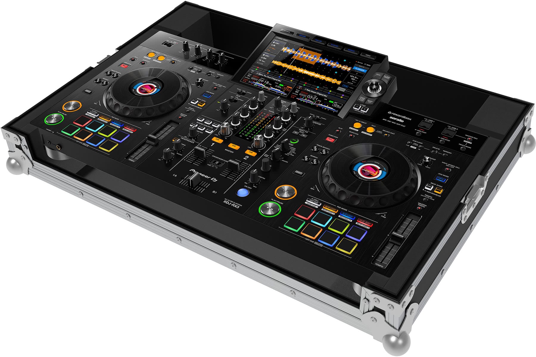 Flightcase PEP FC-RX3 pentru Pioneer XDJ-RX3, vedere de ansamblu cu protecții de colț argintii