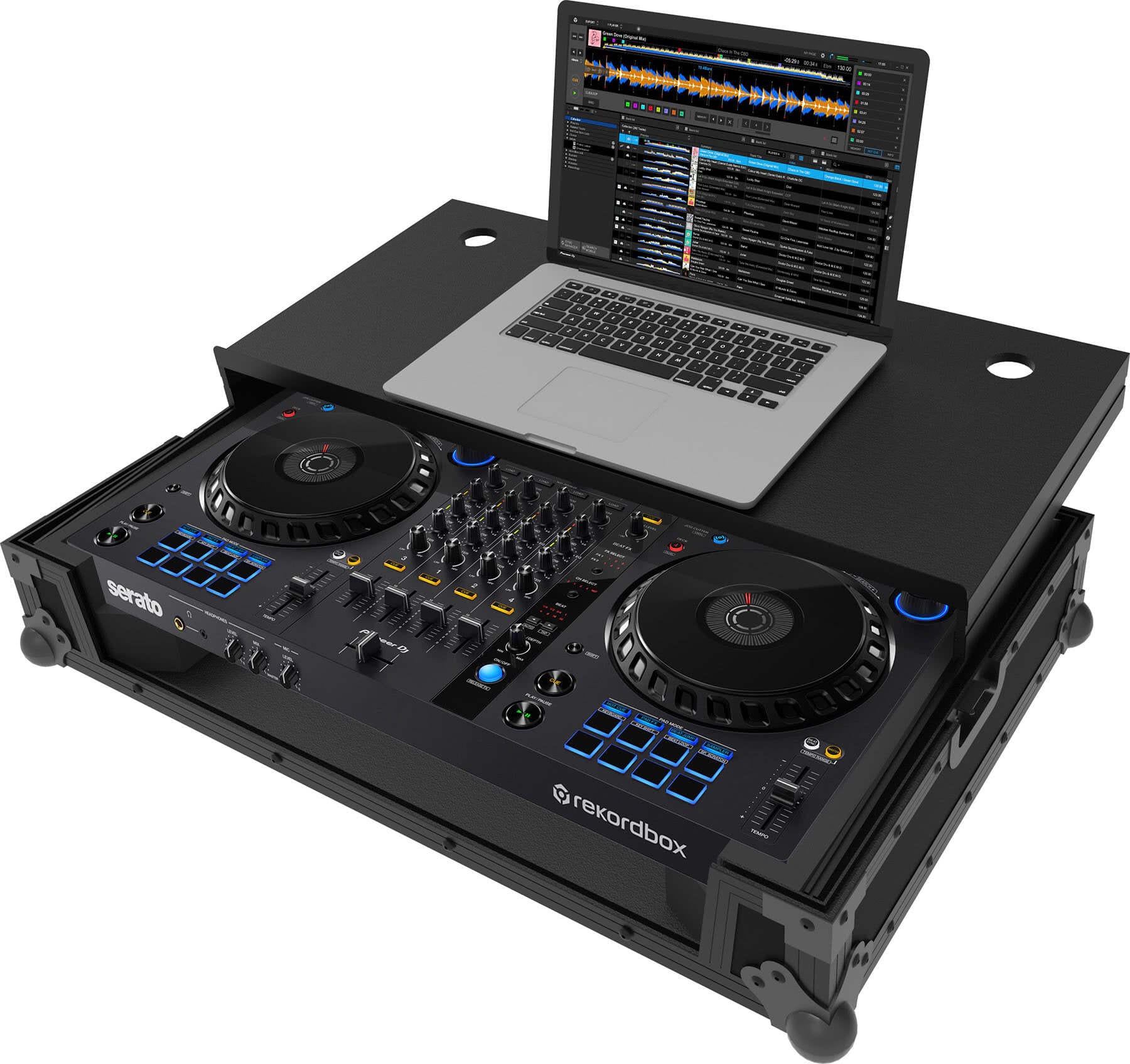 Zomo Flightcase P-DDJ-FLX6 Plus NSE negru, vedere frontală, cu închizători tip fluture și protecții de colț