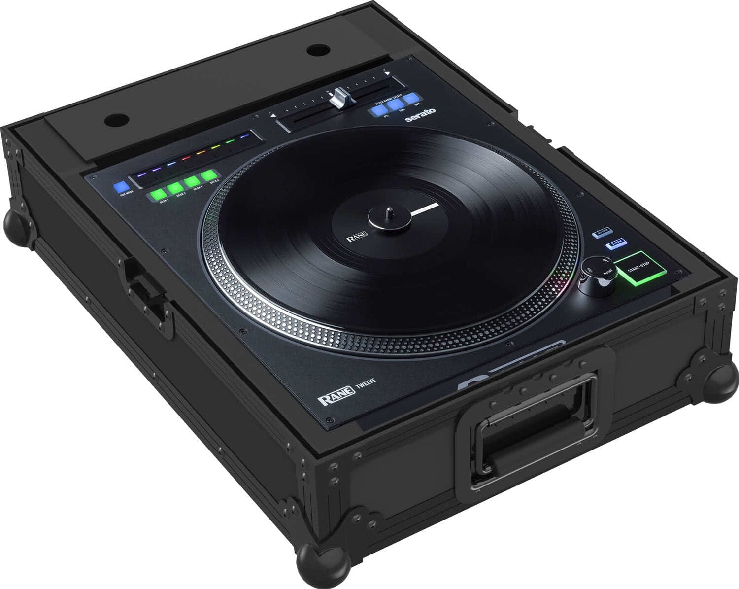 Zomo Flightcase Rane Twelve NSE negru, vedere generală cu închizători tip fluture și colțuri-bilă