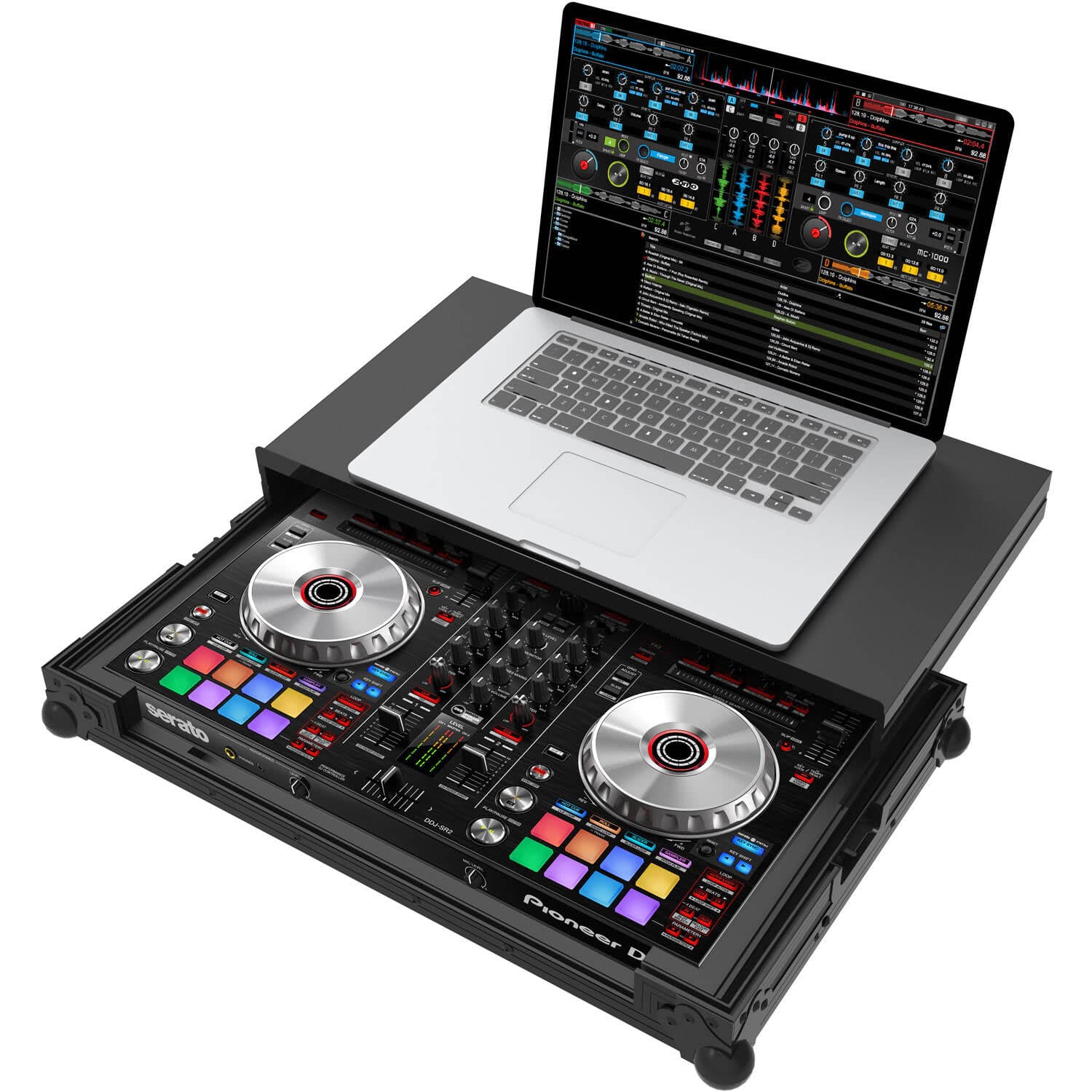 Flightcase Zomo P-DDJ-SR2 Plus NSE negru, vedere de ansamblu cu profile din aluminiu și protecții de colț